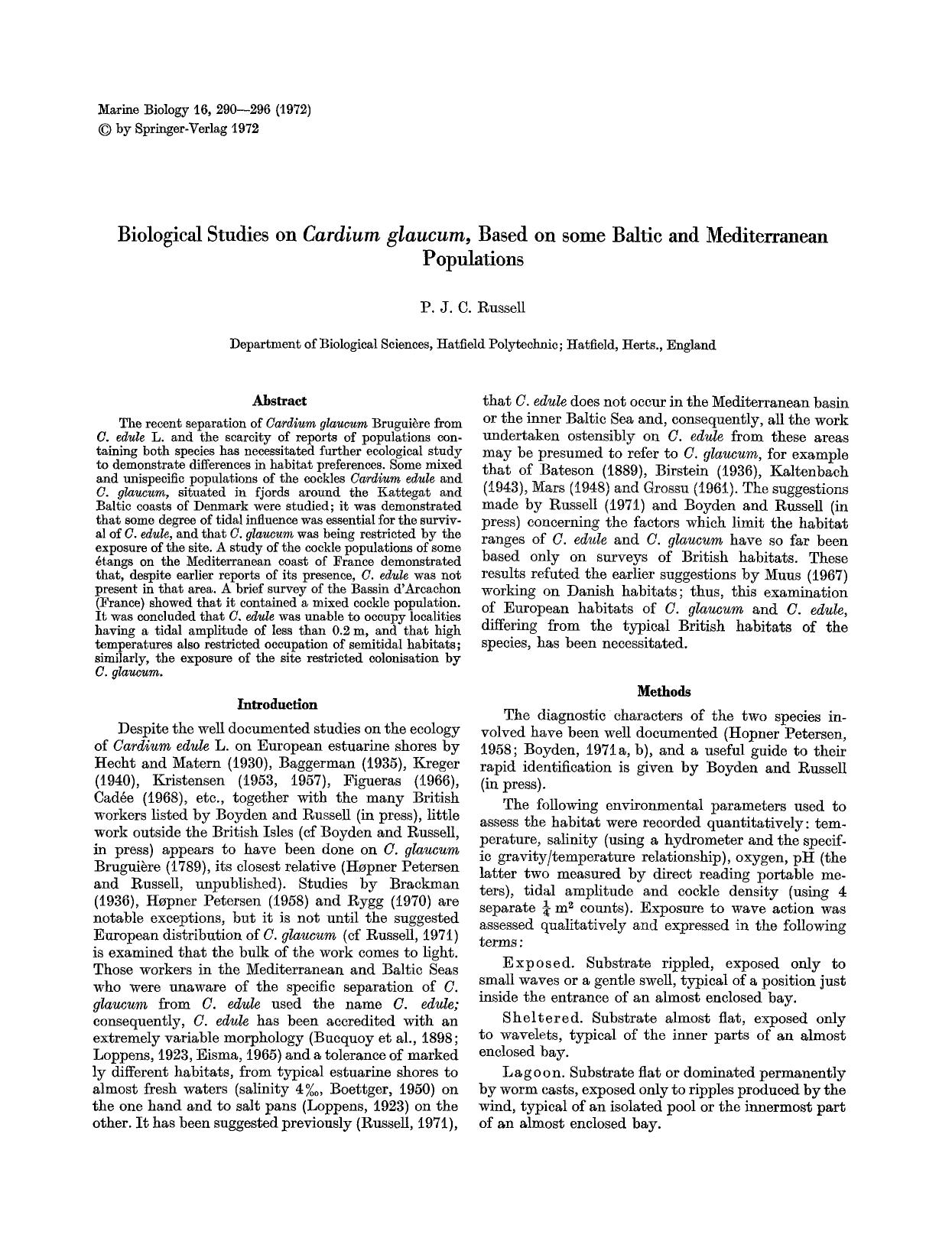 Biological studies on <Emphasis Type="Italic">Cardium glaucum<Emphasis>, based on some Baltic and Mediterranean populations by Unknown
