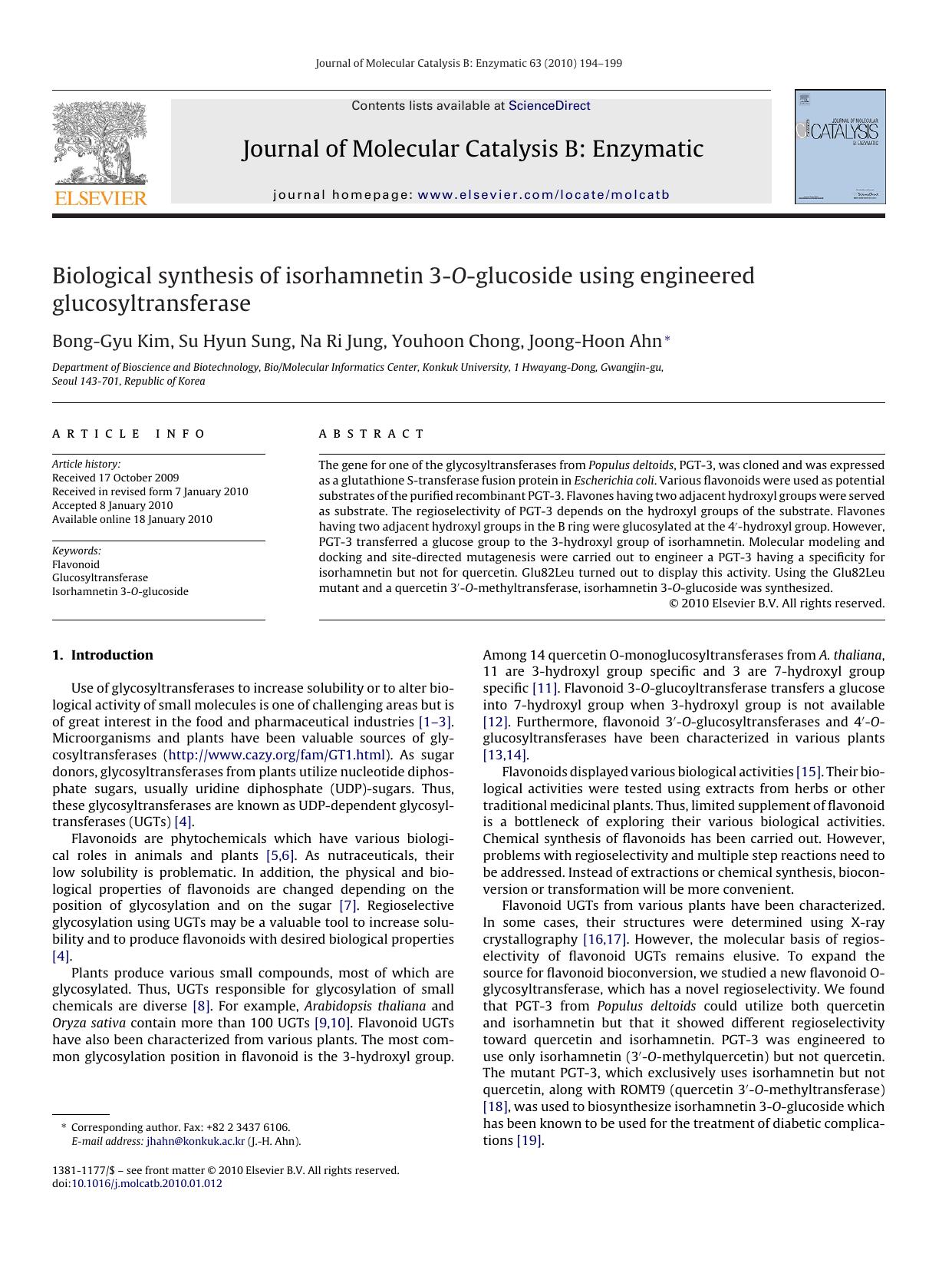 Biological synthesis of isorhamnetin 3-O-glucoside using engineered glucosyltransferase by Bong-Gyu Kim; Su Hyun Sung; Na Ri Jung; Youhoon Chong; Joong-Hoon Ahn