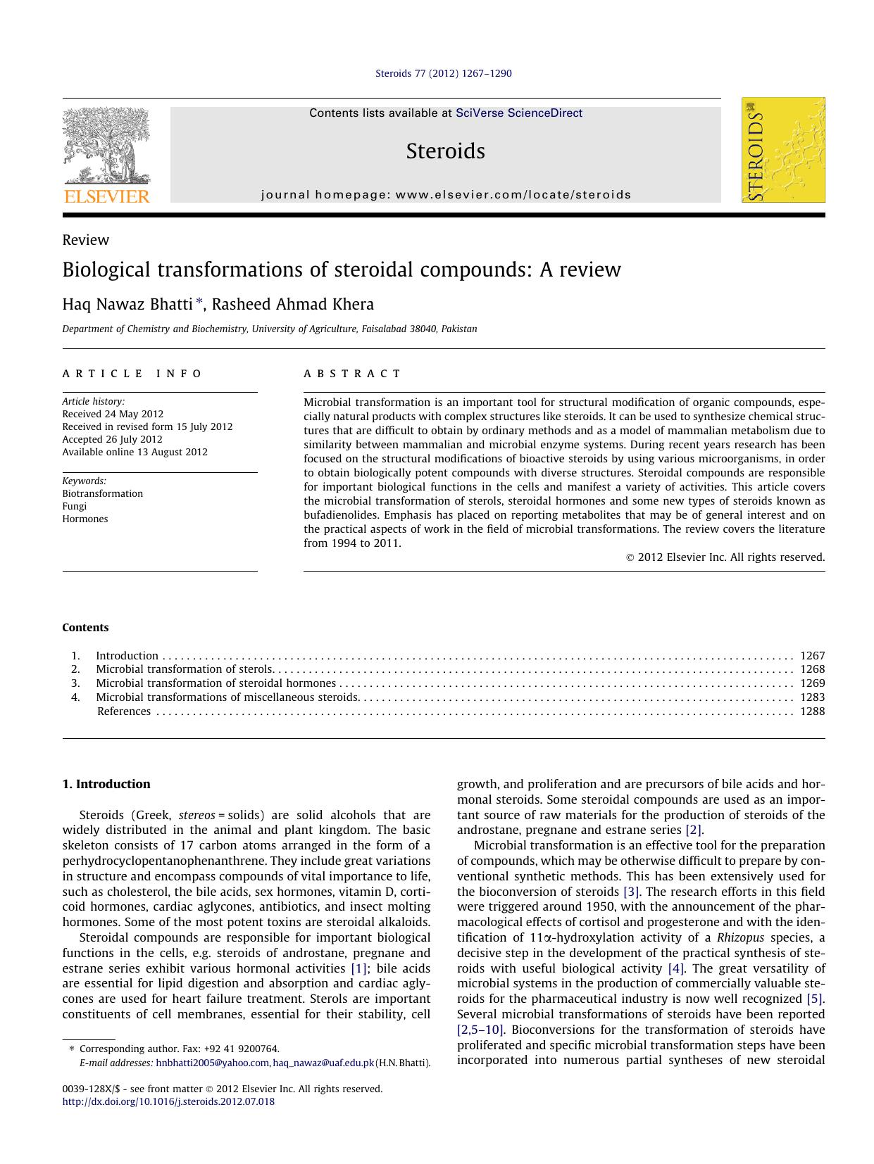 Biological transformations of steroidal compounds: A review by Haq Nawaz Bhatti & Rasheed Ahmad Khera