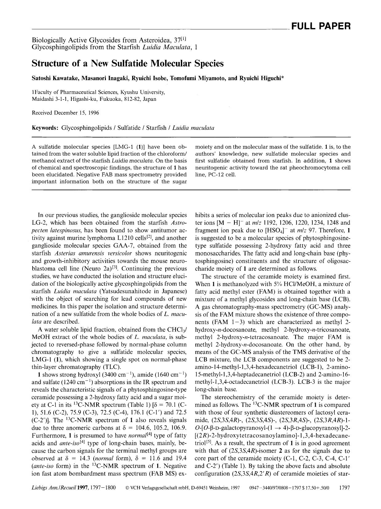 Biologically Active Glycosides from Asteroidea, 37. Glycosphingolipids from the Starfish Luidia maculata, 1 Structure of A New Sulfatide Molecular Species by Unknown