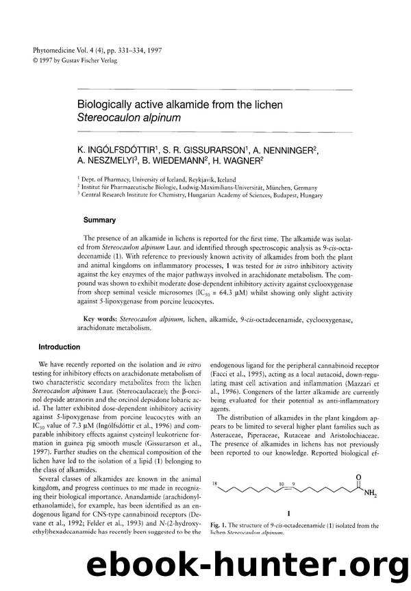 Biologically active alkamide from the lichen Stereocaulon alpinum by K. Ingólfsdóttir & S.R. Gissurarson & A. Nenninger & A. Neszmelyi & B. Wiedemann & H. Wagner