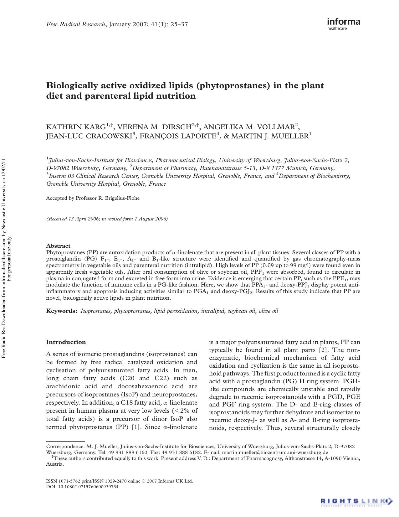 Biologically active oxidized lipids (phytoprostanes) in the plant diet and parenteral lipid nutrition by unknow