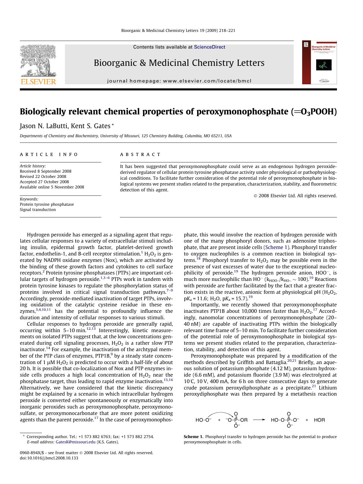 Biologically relevant chemical properties of peroxymonophosphate (O3POOH) by Jason N. LaButti; Kent S. Gates