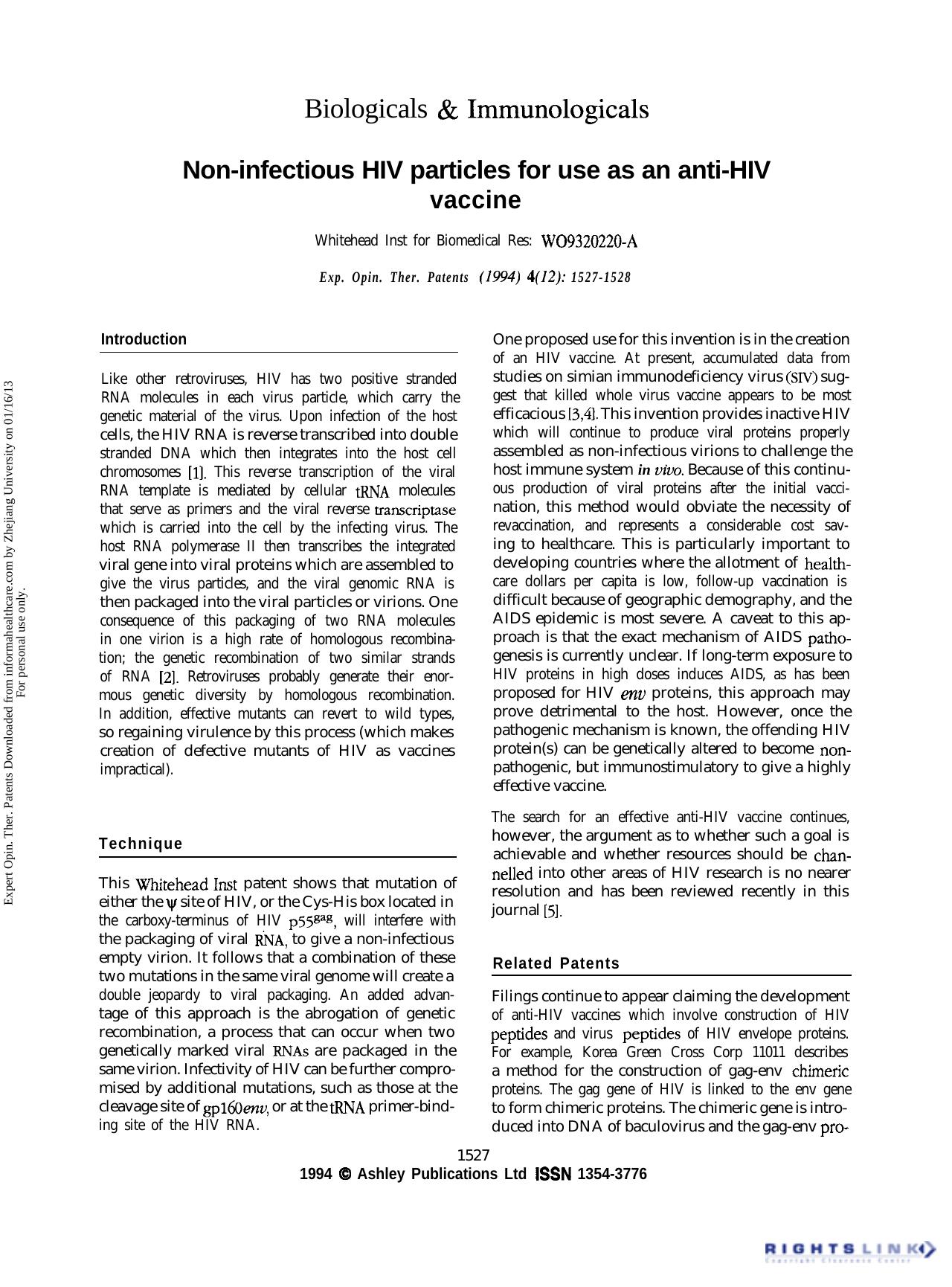 Biologicals & Immunologicals: Non-infectious HIV particles for use as an anti-HIV vaccine by Unknown