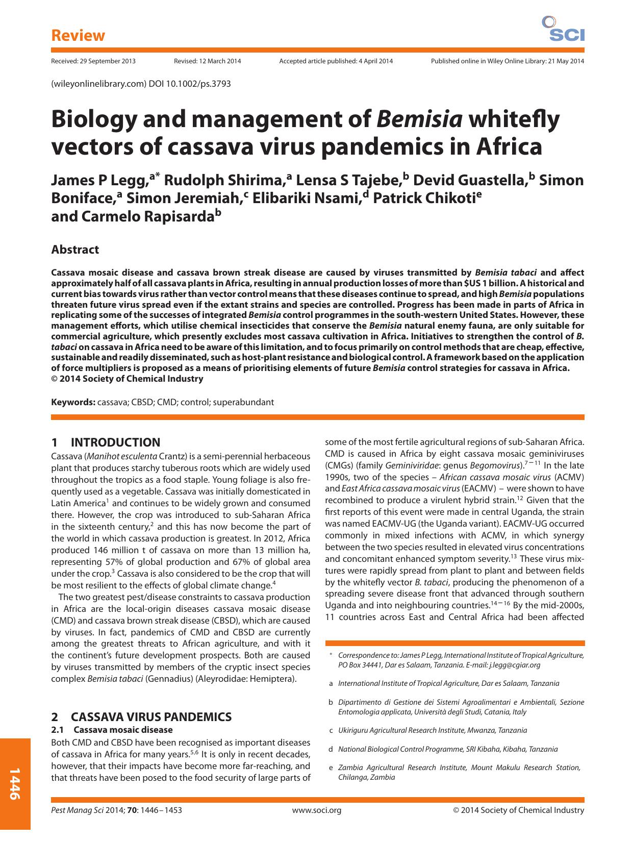 Biology and management of Bemisia whitefly vectors of cassava virus pandemics in Africa by Unknown