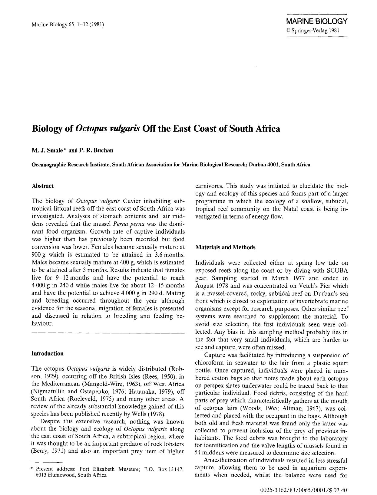 Biology of <Emphasis Type="Italic">Octopus vulgaris<Emphasis> off the east coast of South Africa by Unknown