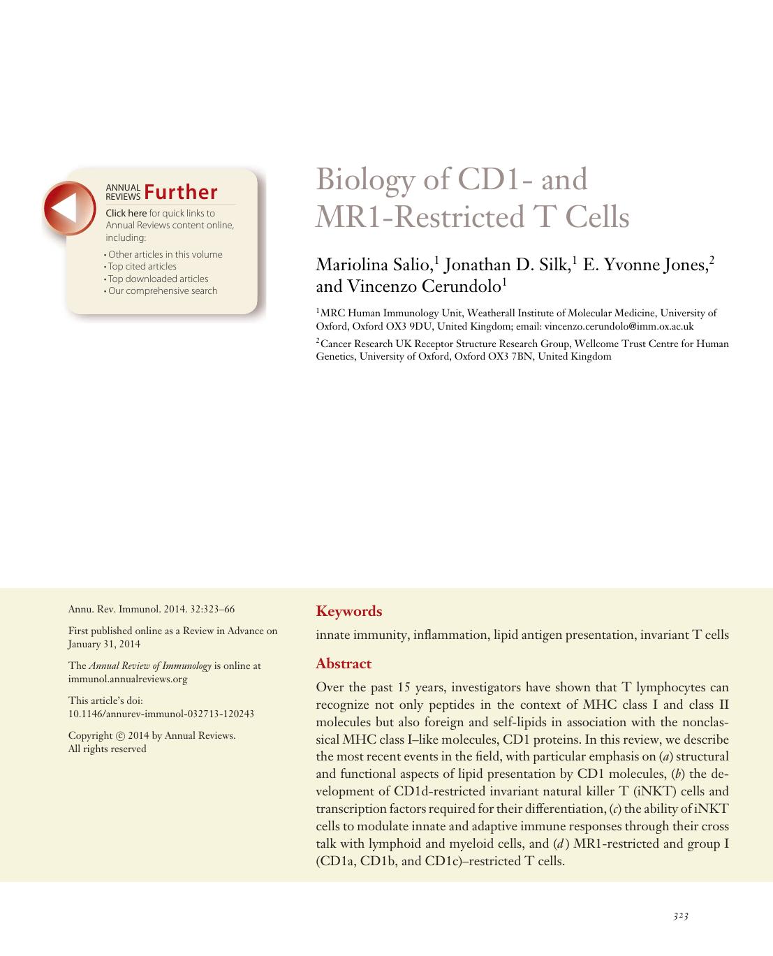Biology of CD1- and MR1-Restricted T Cells by Mariolina Salio Jonathan D. Silk E. Yvonne Jones Vincenzo Cerundolo