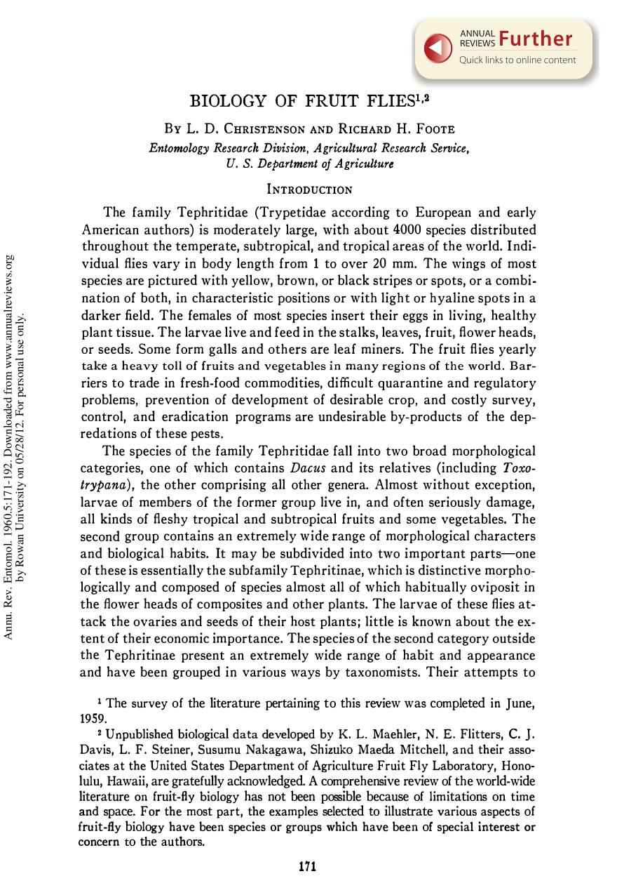 Biology of Fruit Flies by L D Christenson & and R H Foote