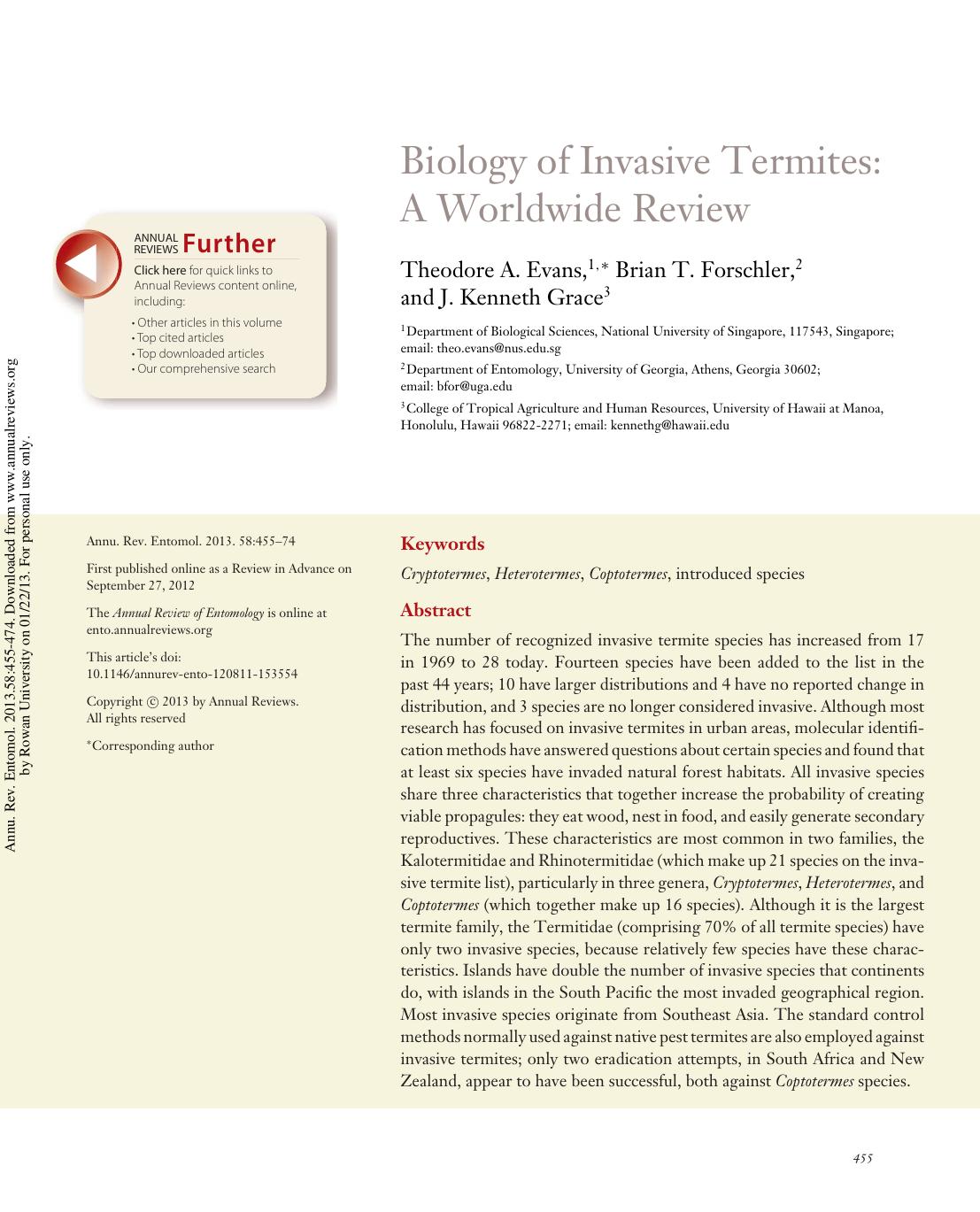 Biology of Invasive Termites: A Worldwide Review by Theodore A. Evans Brian T. Forschler & J. Kenneth Grace