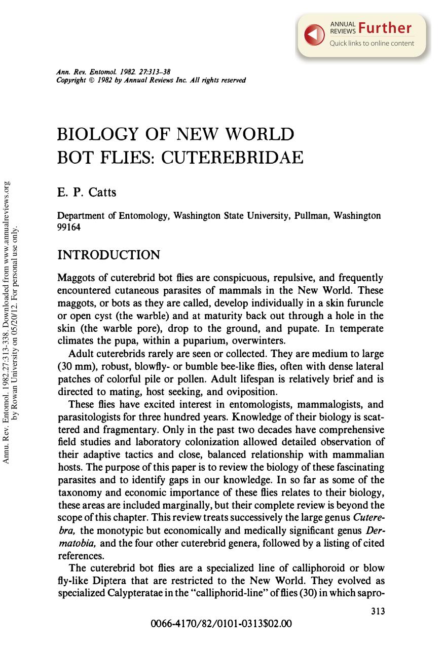Biology of New World Bot Flies: Cuterebridae by E P Catts