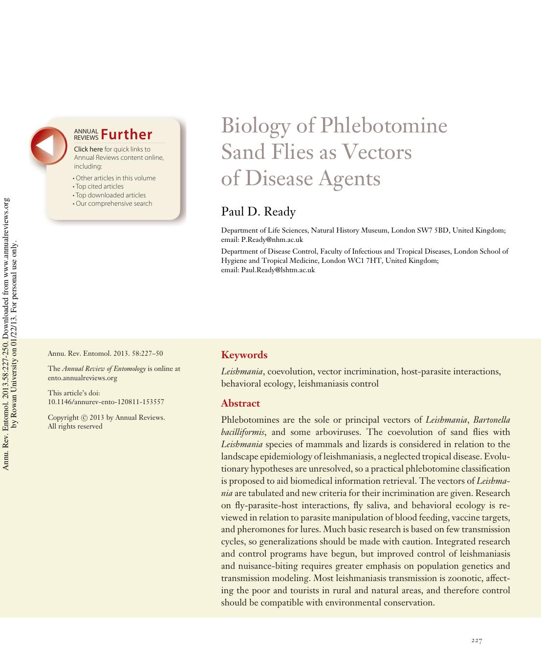 Biology of Phlebotomine Sand Flies as Vectors of Disease Agents by Paul D. Ready