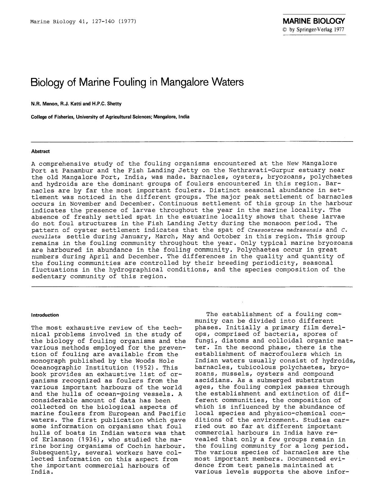 Biology of marine fouling in Mangalore waters by Unknown