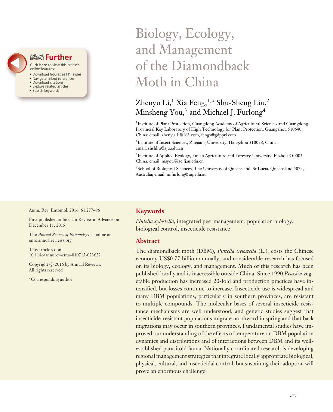 Biology, Ecology, and Management of the Diamondback Moth in China by Zhenyu Li Xia Feng Shu-Sheng Liu Minsheng You Michael J. Furlong