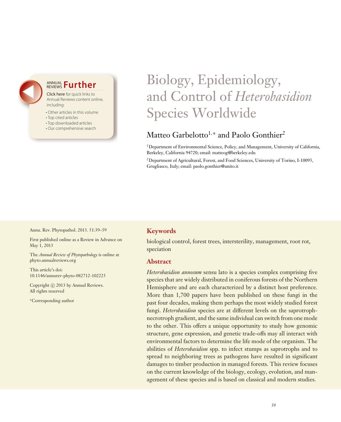 Biology, Epidemiology, and Control of Heterobasidion Species Worldwide by Matteo Garbelotto and Paolo Gonthier