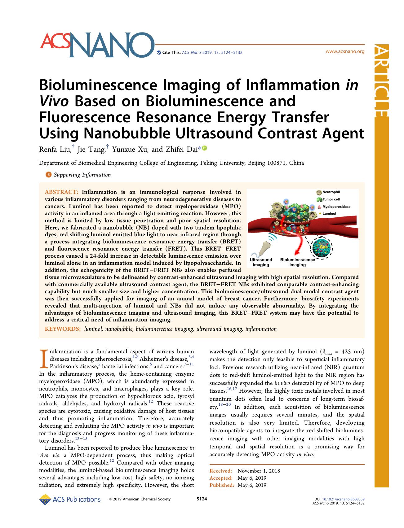 Bioluminescence Imaging of Inflammation in Vivo Based on Bioluminescence and Fluorescence Resonance Energy Transfer Using Nanobubble Ultrasound Contrast Agent by Renfa Liu Jie Tang Yunxue Xu and Zhifei Dai