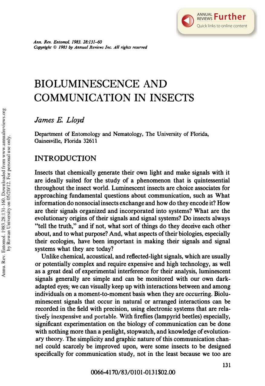 Bioluminescence and Communication in Insects by J E Lloyd