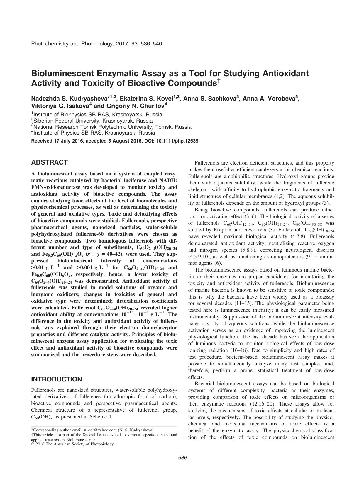 Bioluminescent Enzymatic Assay as a Tool for Studying Antioxidant Activity and Toxicity of Bioactive Compounds by Unknown