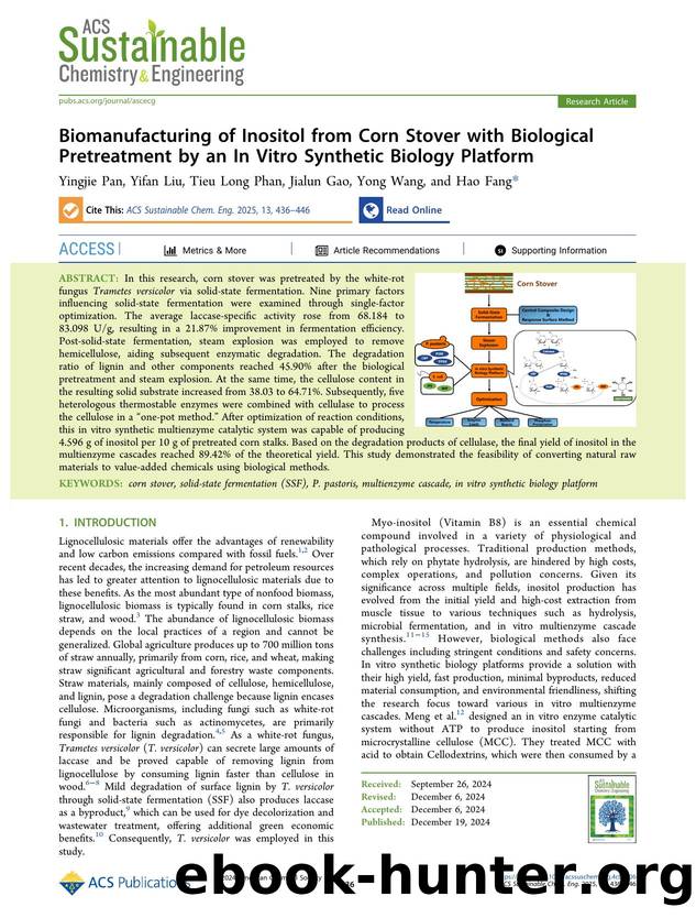 Biomanufacturing of Inositol from Corn Stover with Biological Pretreatment by an In Vitro Synthetic Biology Platform by Yingjie Pan Yifan Liu Tieu Long Phan Jialun Gao Yong Wang and Hao Fang