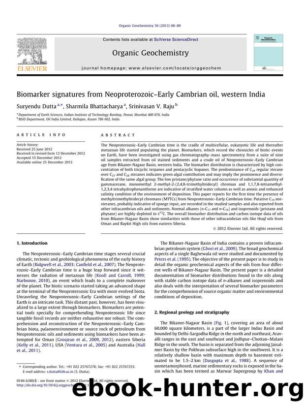 Biomarker signatures from NeoproterozoicÃ¢â¬âEarly Cambrian oil, western India by Suryendu Dutta & Sharmila Bhattacharya & Srinivasan V. Raju