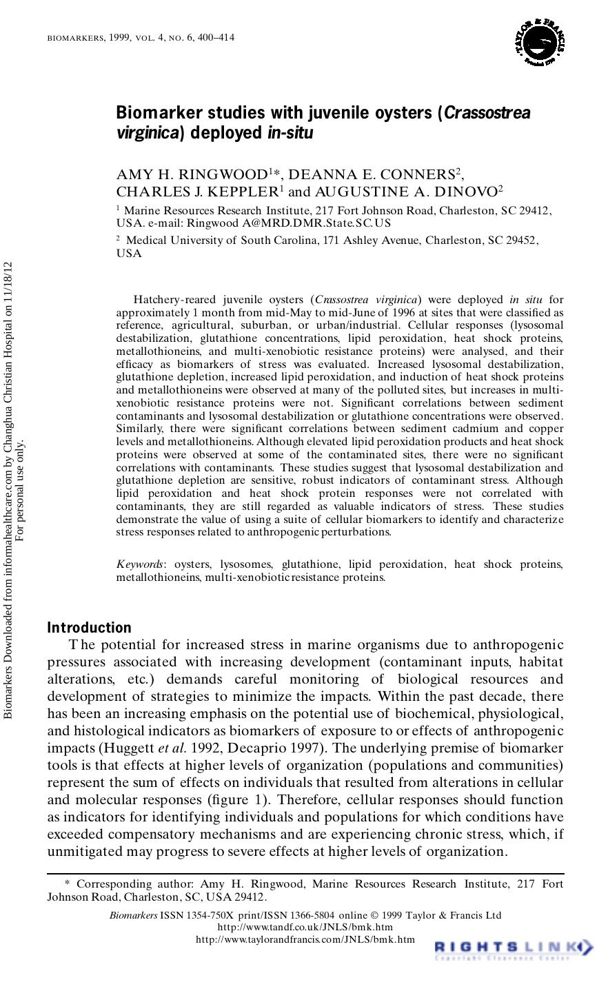 Biomarker studies with juvenile oysters (Crassostrea virginica) deployed in-situ by Amy H. Ringwood Deanna E. Conners Charles J. Keppler & Augustine A. Dinovo
