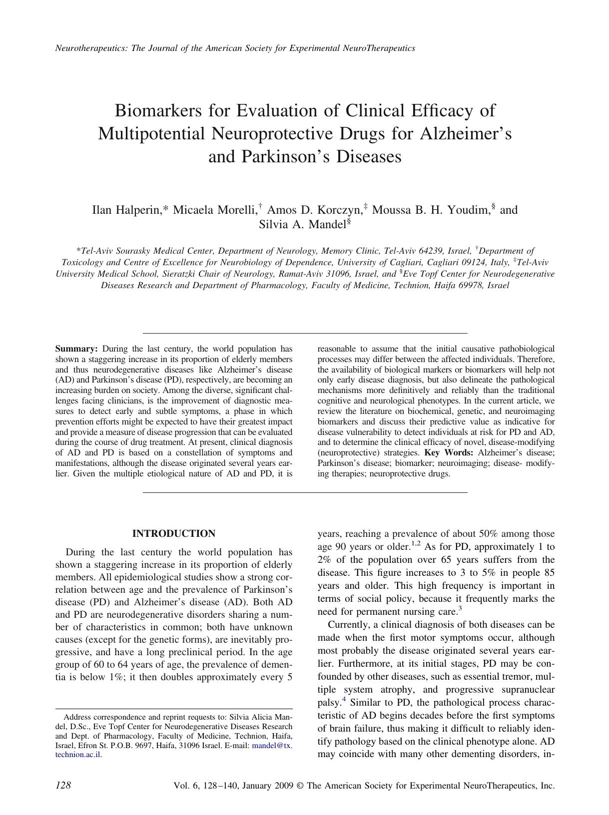 Biomarkers for evaluation of clinical efficacy of multipotential neuroprotective drugs for Alzheimer’s and Parkinson’s diseases by Unknown