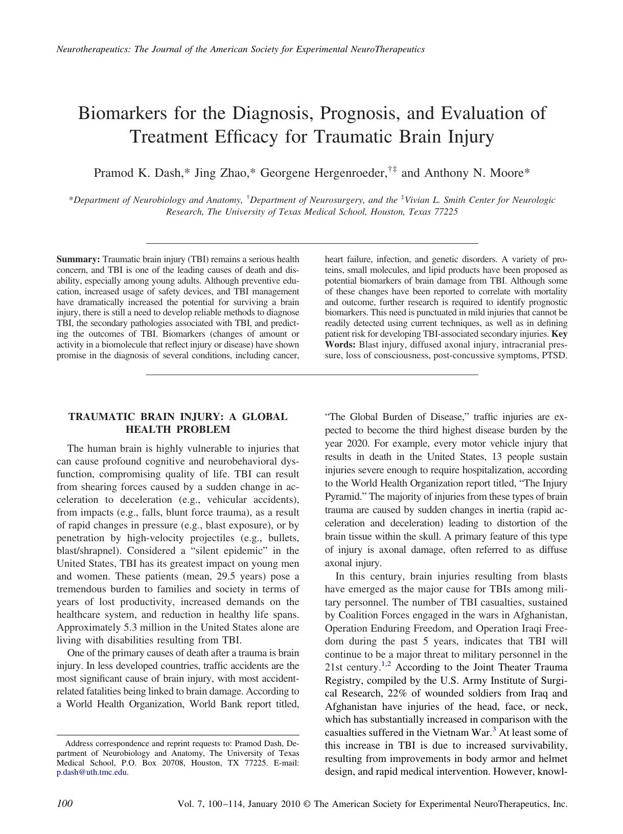 Biomarkers for the diagnosis, prognosis, and evaluation of treatment efficacy for traumatic brain injury by Unknown
