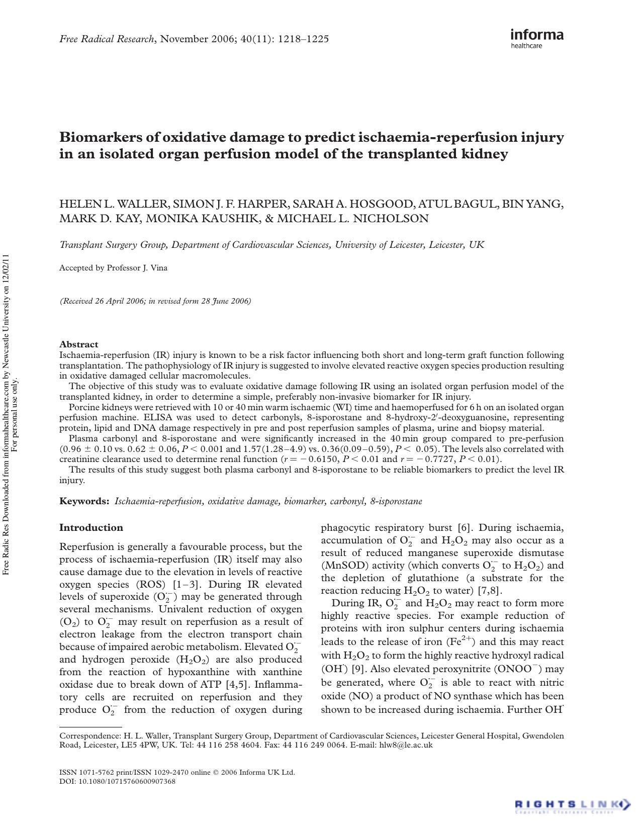 Biomarkers of oxidative damage to predict ischaemia-reperfusion injury in an isolated organ perfusion model of the transplanted kidney by unknow