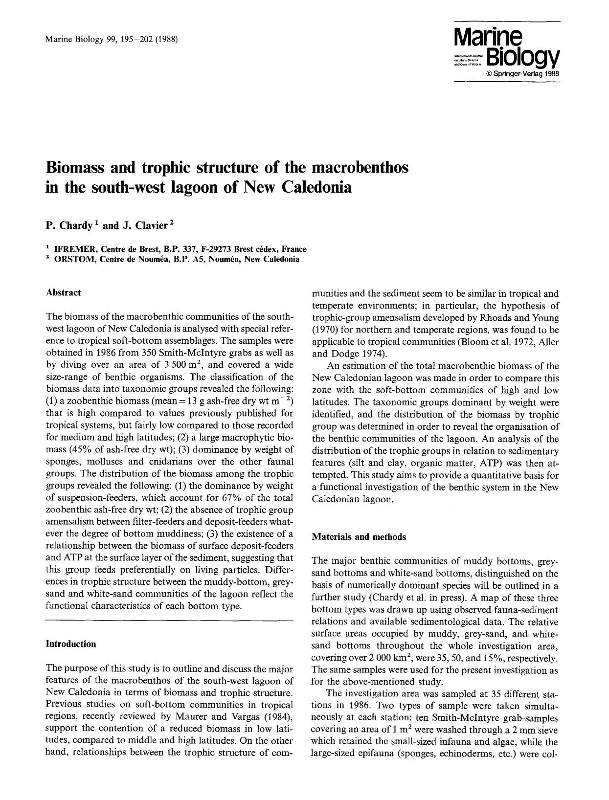 Biomass and trophic structure of the macrobenthos in the south-west lagoon of New Caledonia by Unknown