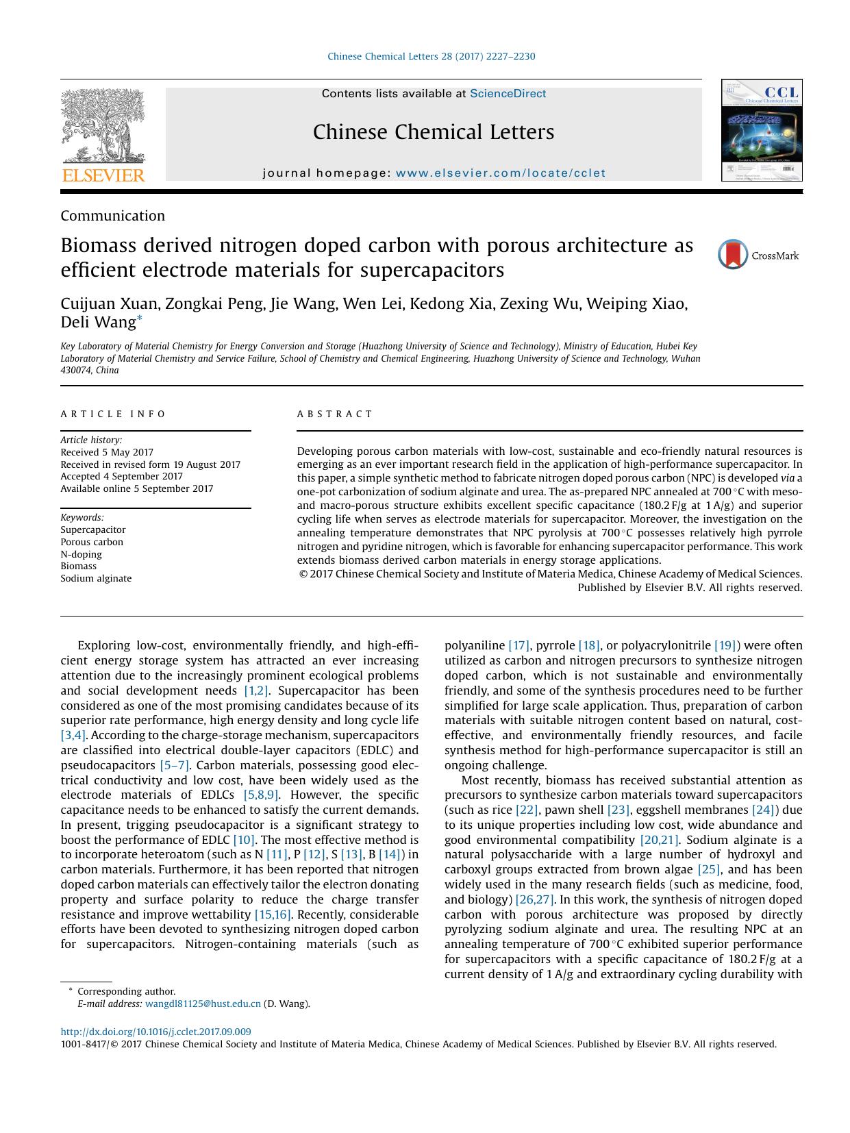 Biomass derived nitrogen doped carbon with porous architecture as efficient electrode materials for supercapacitors by Cuijuan Xuan & Zongkai Peng & Jie Wang & Wen Lei & Kedong Xia & Zexing Wu & Weiping Xiao & Deli Wang