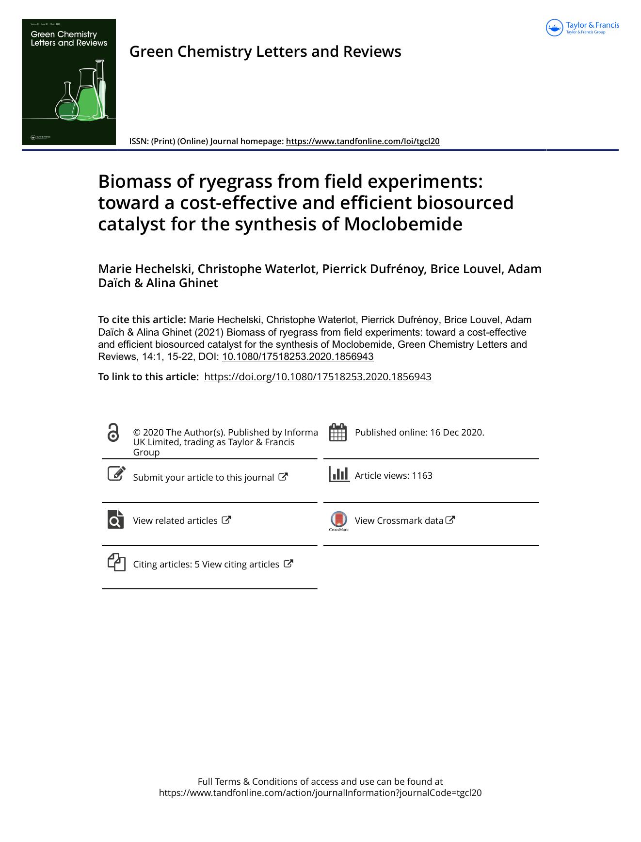 Biomass of ryegrass from field experiments: toward a cost-effective and efficient biosourced catalyst for the synthesis of Moclobemide by Marie Hechelski