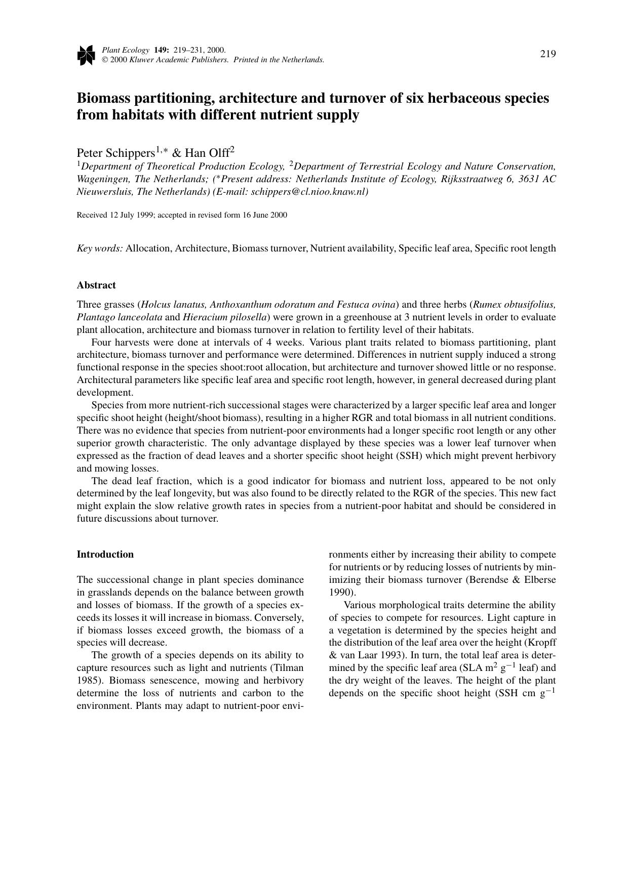 Biomass partitioning, architecture and turnover of six herbaceous species from habitats with different nutrient supply by Unknown
