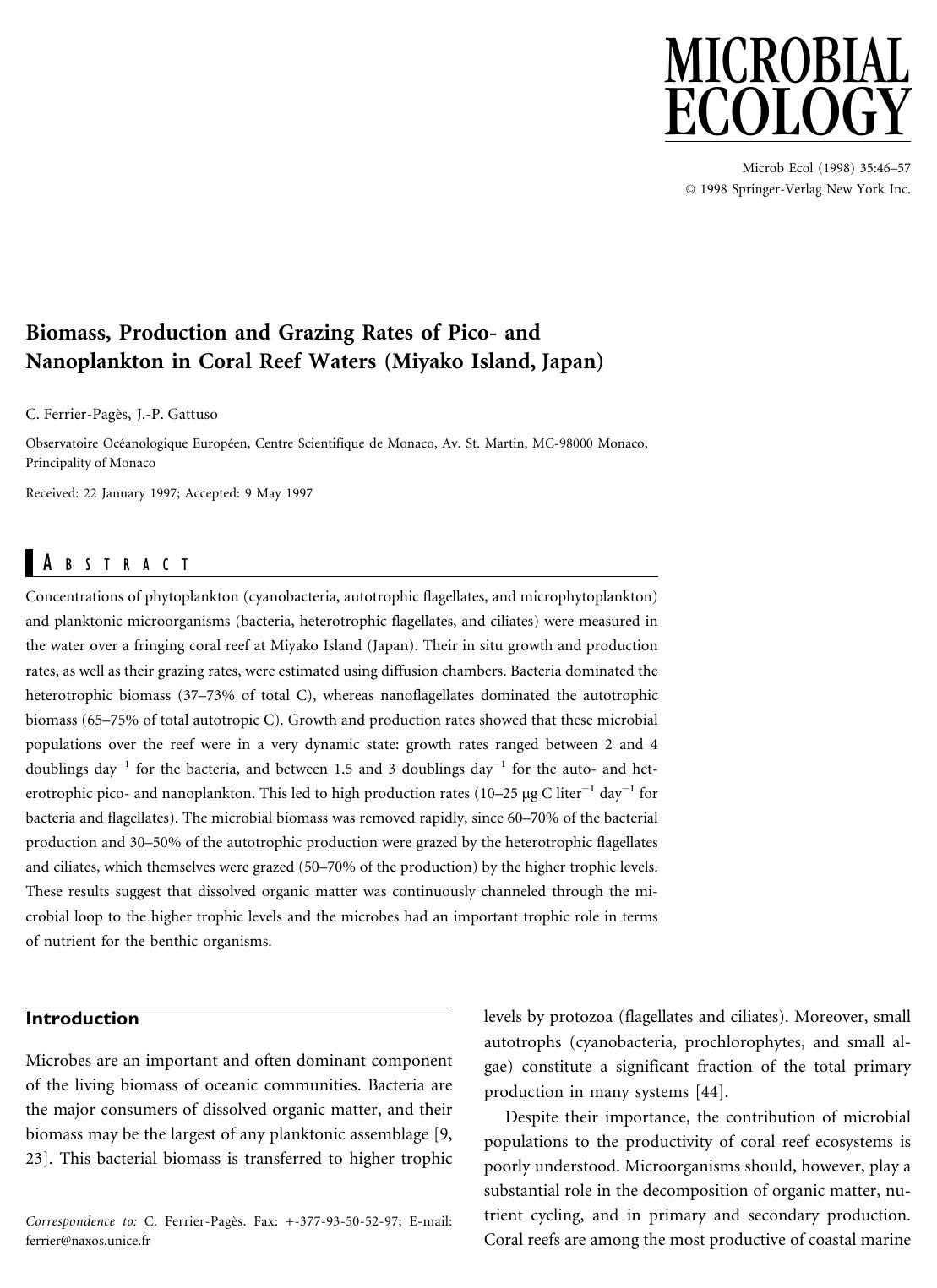 Biomass, Production and Grazing Rates of Pico- and Nanoplankton in Coral Reef Waters (Miyako Island, Japan) by Ferrier-Pages C. et al