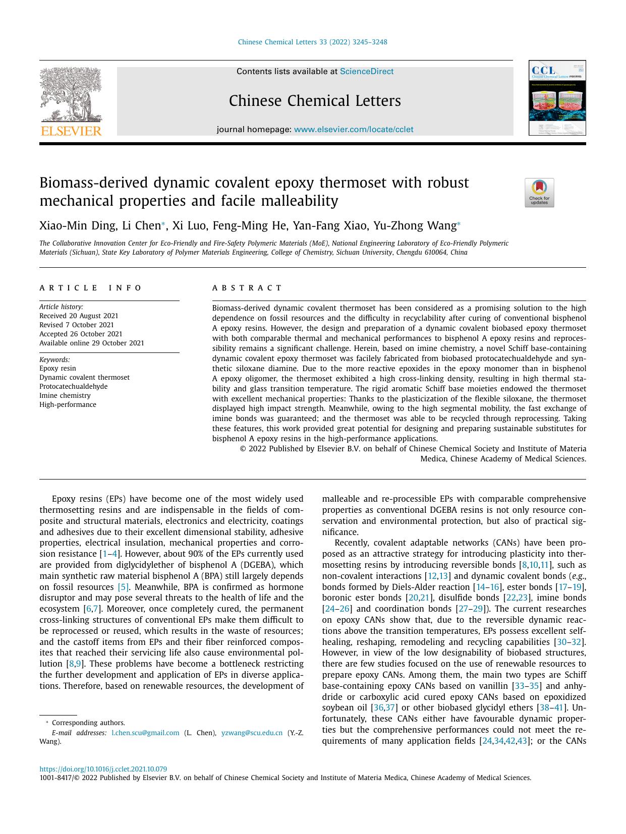 Biomass-derived dynamic covalent epoxy thermoset with robust mechanical properties and facile malleability by Xiao-Min Ding & Li Chen & Xi Luo & Feng-Ming He & Yan-Fang Xiao & Yu-Zhong Wang