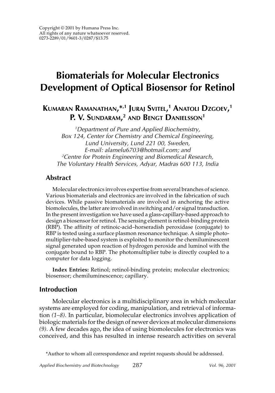 Biomaterials for molecular electronics development of optical biosensor for retinol by Unknown