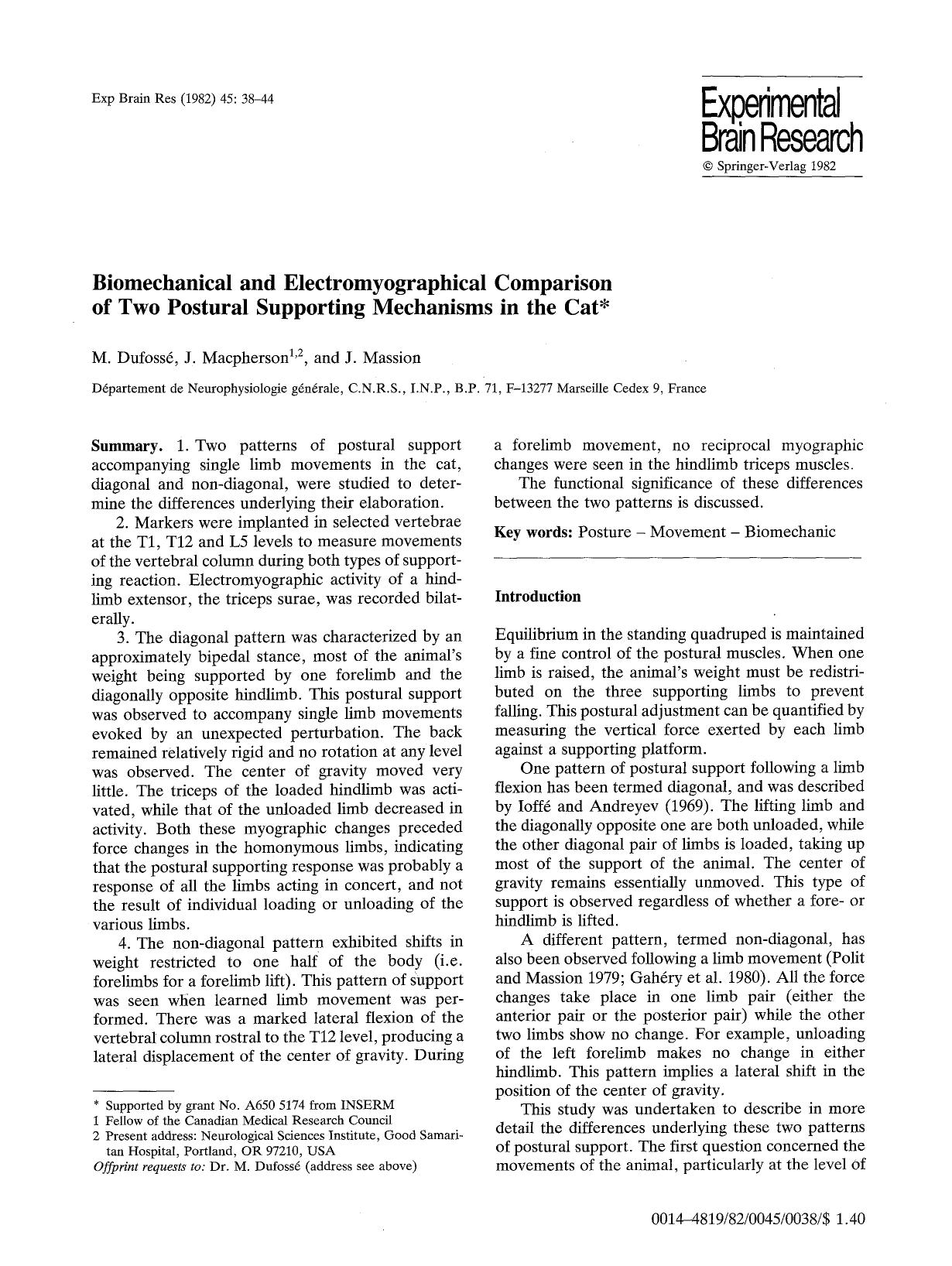 Biomechanical and electromyographical comparison of two postural supporting mechanisms in the cat by Unknown