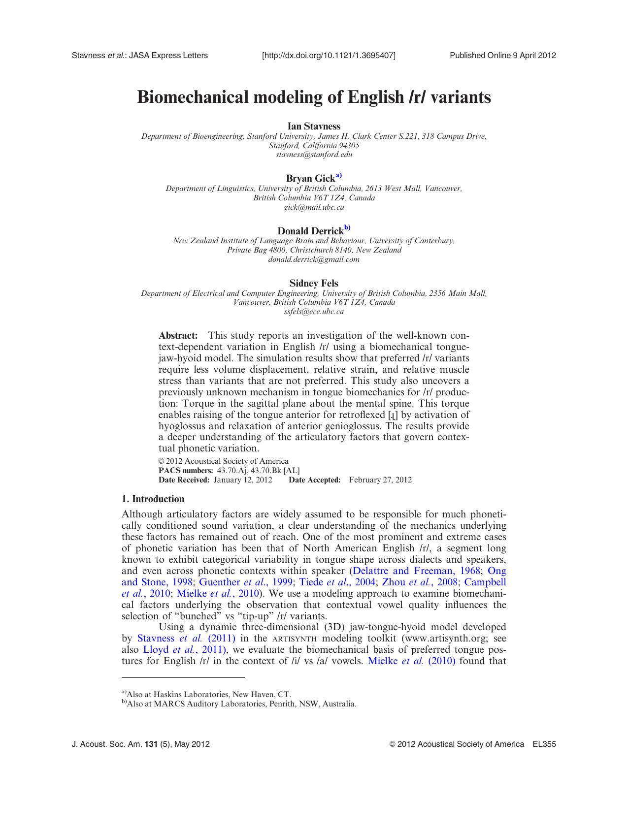 Biomechanical modeling of English r variants by Ian Stavness Bryan Gicka) Donald Derrickb) Sidney Fels