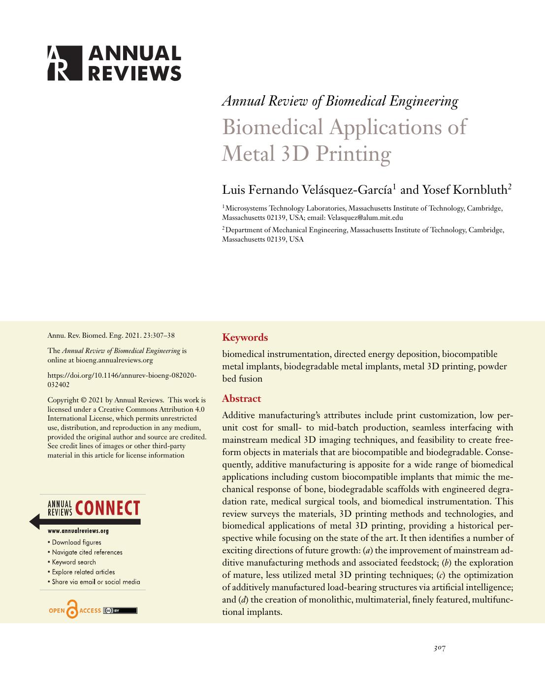 Biomedical Applications of Metal 3D Printing by Luis Fernando Velásquez-García and Yosef Kornbluth