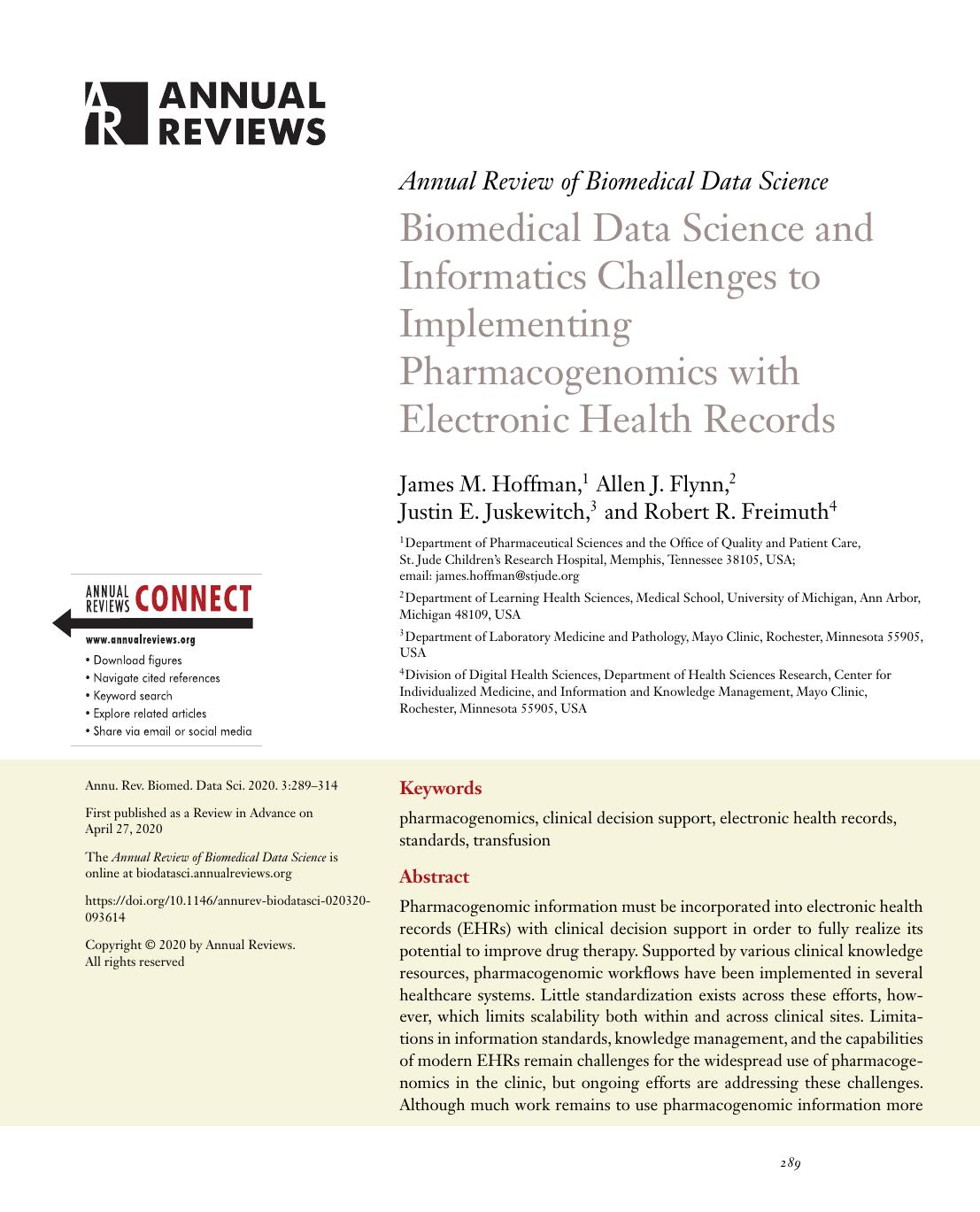 Biomedical Data Science and Informatics Challenges to Implementing Pharmacogenomics with Electronic Health Records by James M. Hoffman Allen J. Flynn Justin E. Juskewitch Robert R. Freimuth