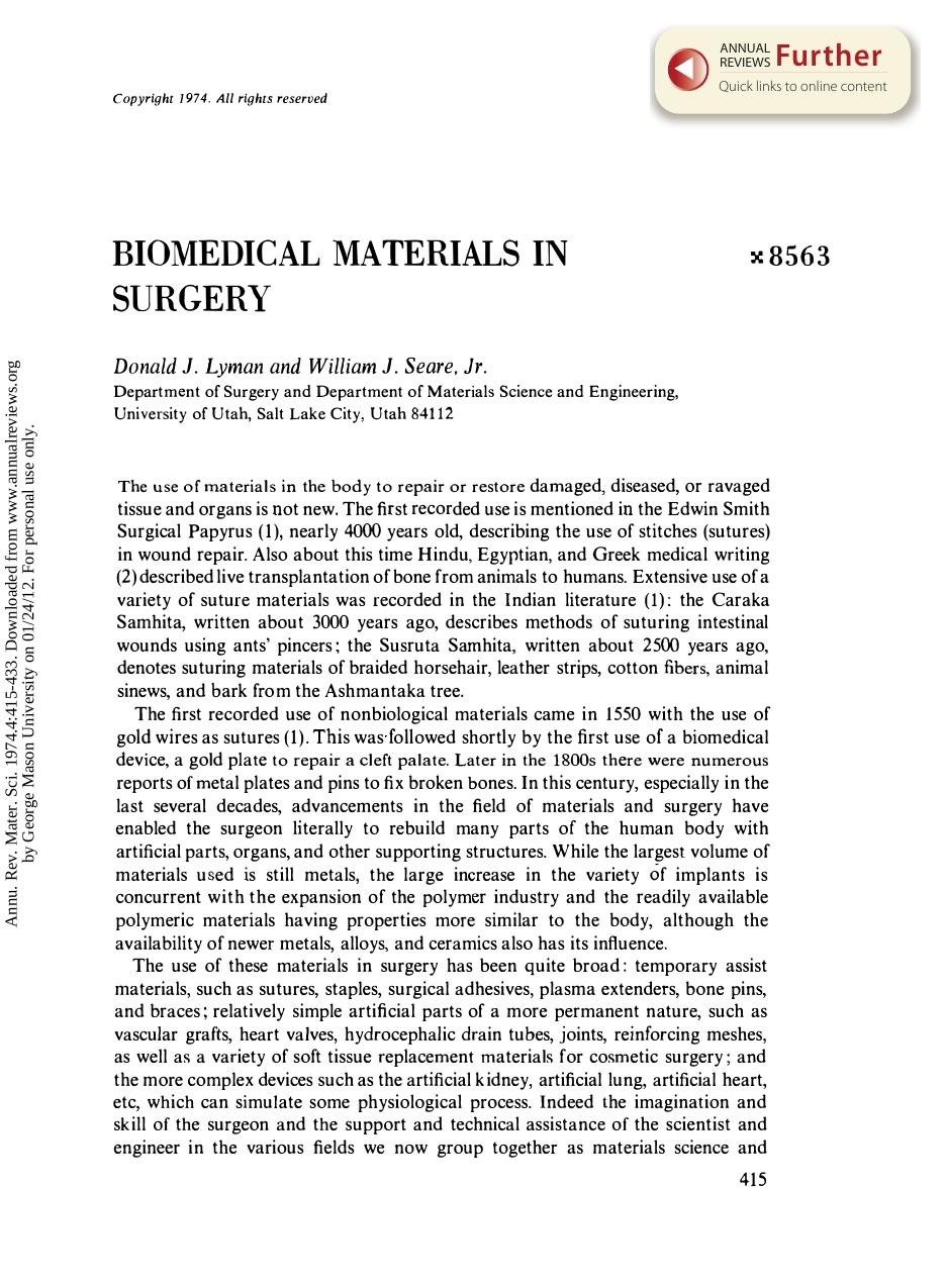 Biomedical Materials in Surgery by D J Lyman & W J Seare Jr