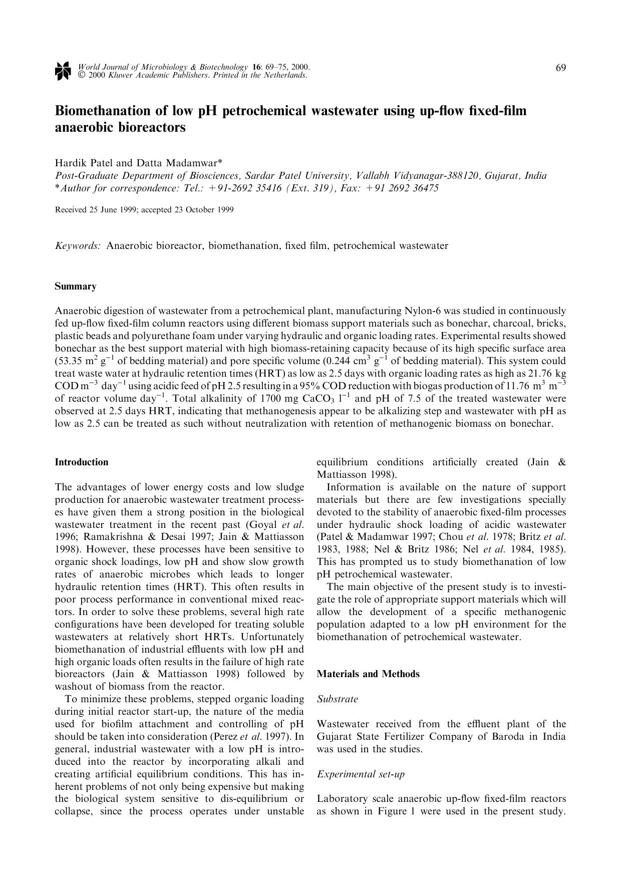 Biomethanation of low pH petrochemical wastewater using up-flow fixed-film anaerobic bioreactors by Unknown