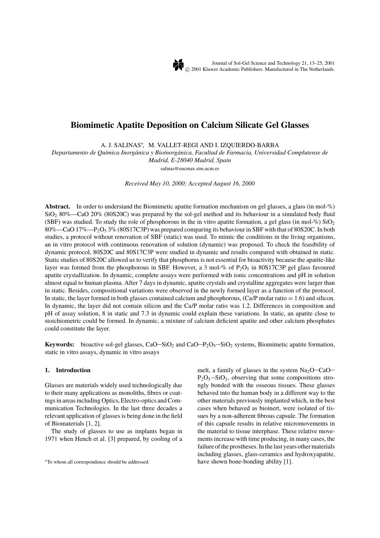 Biomimetic Apatite Deposition on Calcium Silicate Gel Glasses by Unknown