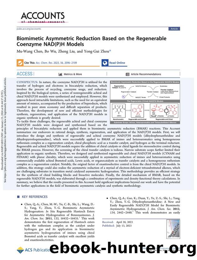 Biomimetic Asymmetric Reduction Based on the Regenerable Coenzyme NAD(P)H Models by Mu-Wang Chen Bo Wu Zheng Liu & Yong-Gui Zhou