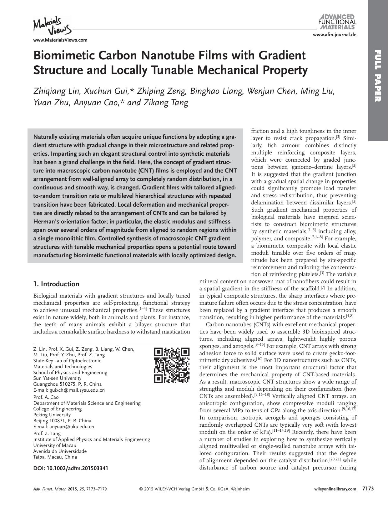 Biomimetic Carbon Nanotube Films with Gradient Structure and Locally Tunable Mechanical Property by Unknown