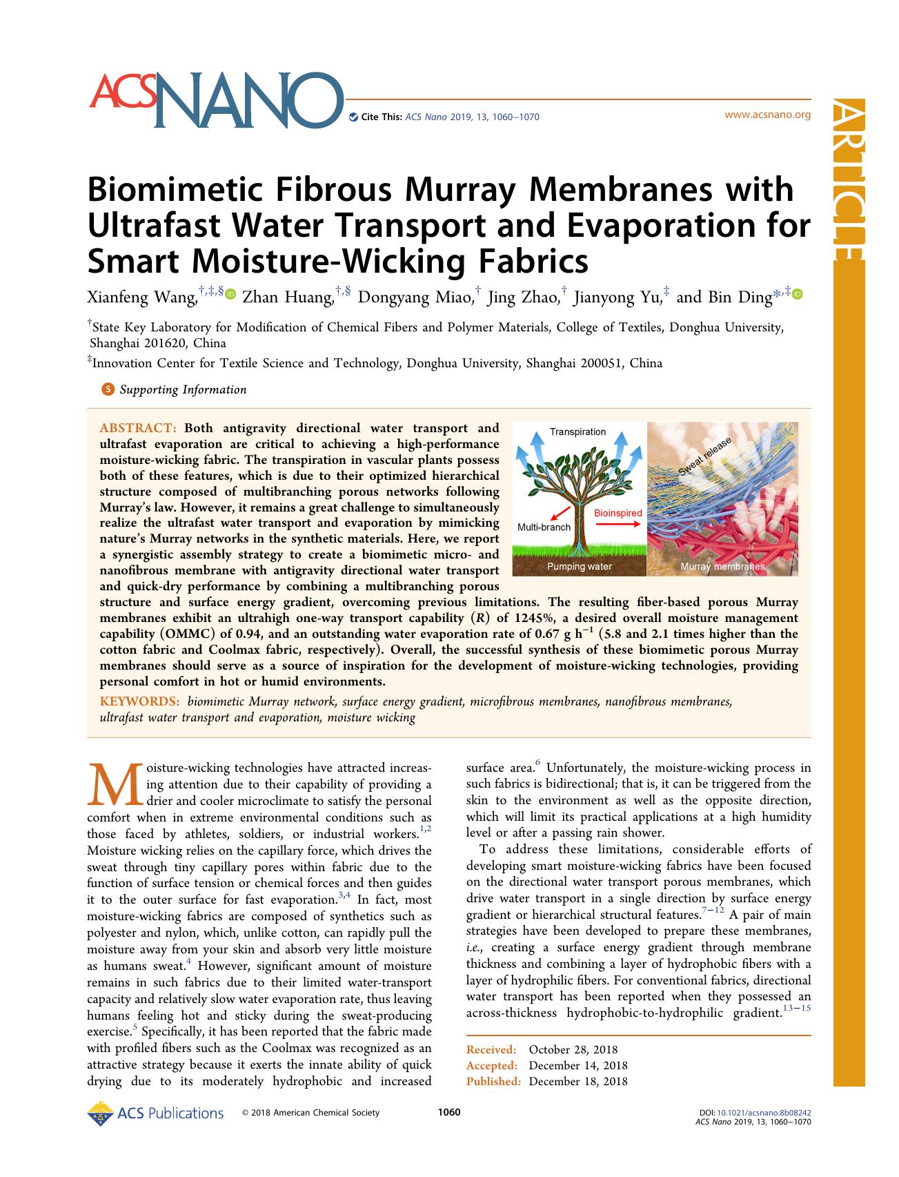 Biomimetic Fibrous Murray Membranes with Ultrafast Water Transport and Evaporation for Smart Moisture-Wicking Fabrics by Xianfeng Wang Zhan Huang Dongyang Miao Jing Zhao Jianyong Yu and Bin Ding