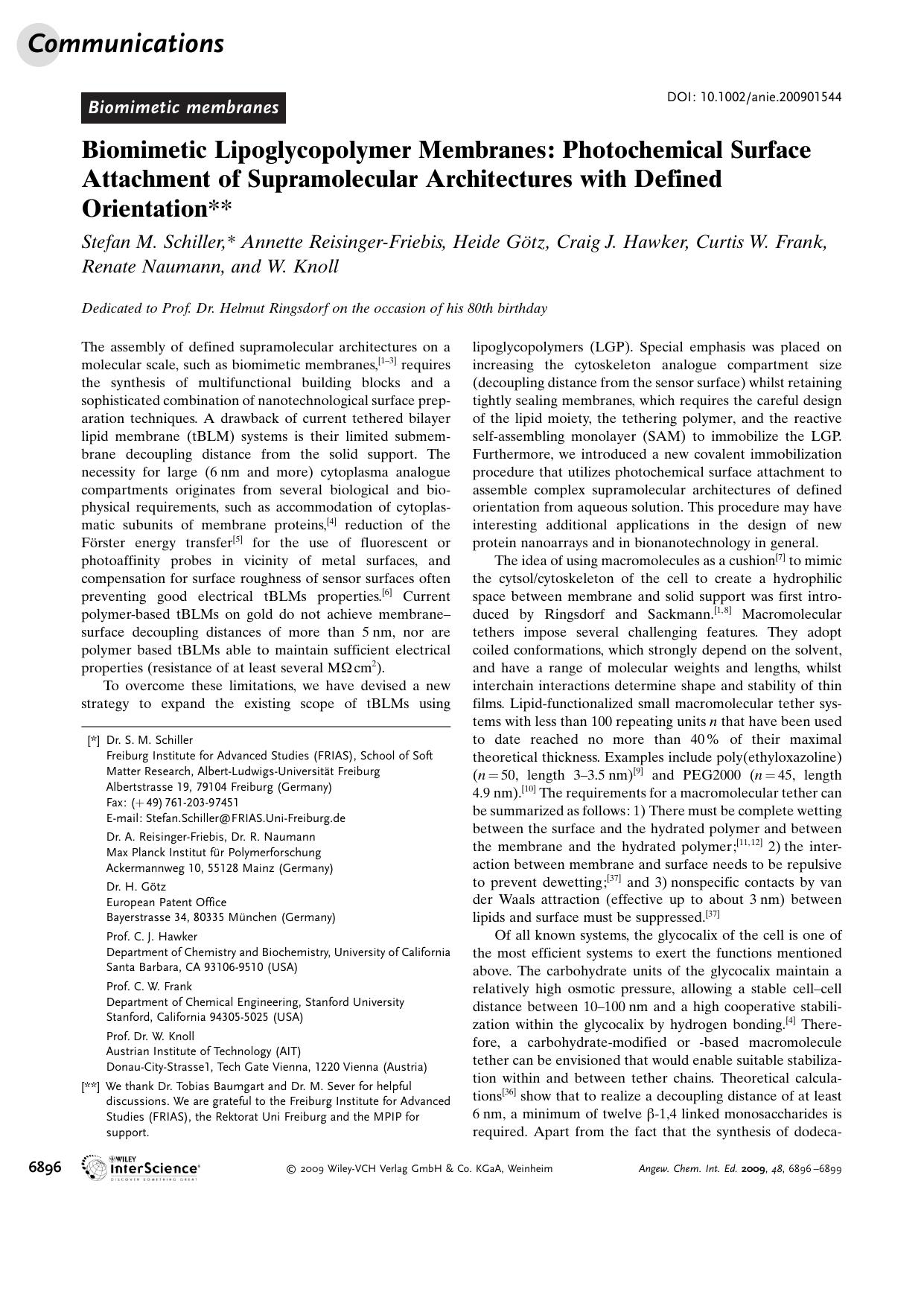 Biomimetic Lipoglycopolymer Membranes: Photochemical Surface Attachment of Supramolecular Architectures with Defined Orientation by Unknown