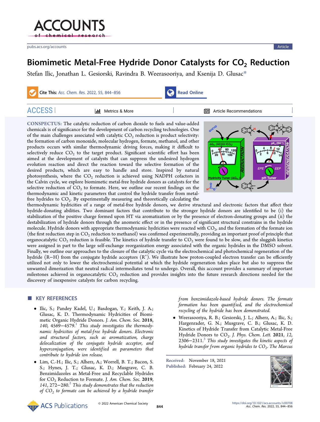 Biomimetic Metal-Free Hydride Donor Catalysts for CO2 Reduction by Stefan Ilic Jonathan L. Gesiorski Ravindra B. Weerasooriya and Ksenija D. Glusac
