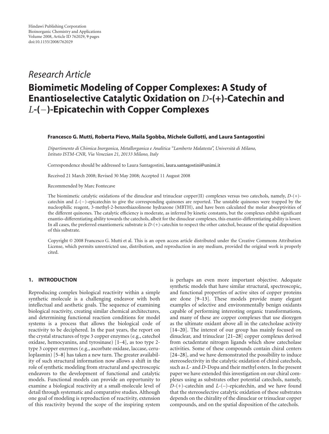 Biomimetic Modeling of Copper Complexes: A Study of Enantioselective Catalytic Oxidation on D-(+)-Catechin and L-(-)-Epicatechin with Copper Complexes by Francesco G. Mutti {et al.}