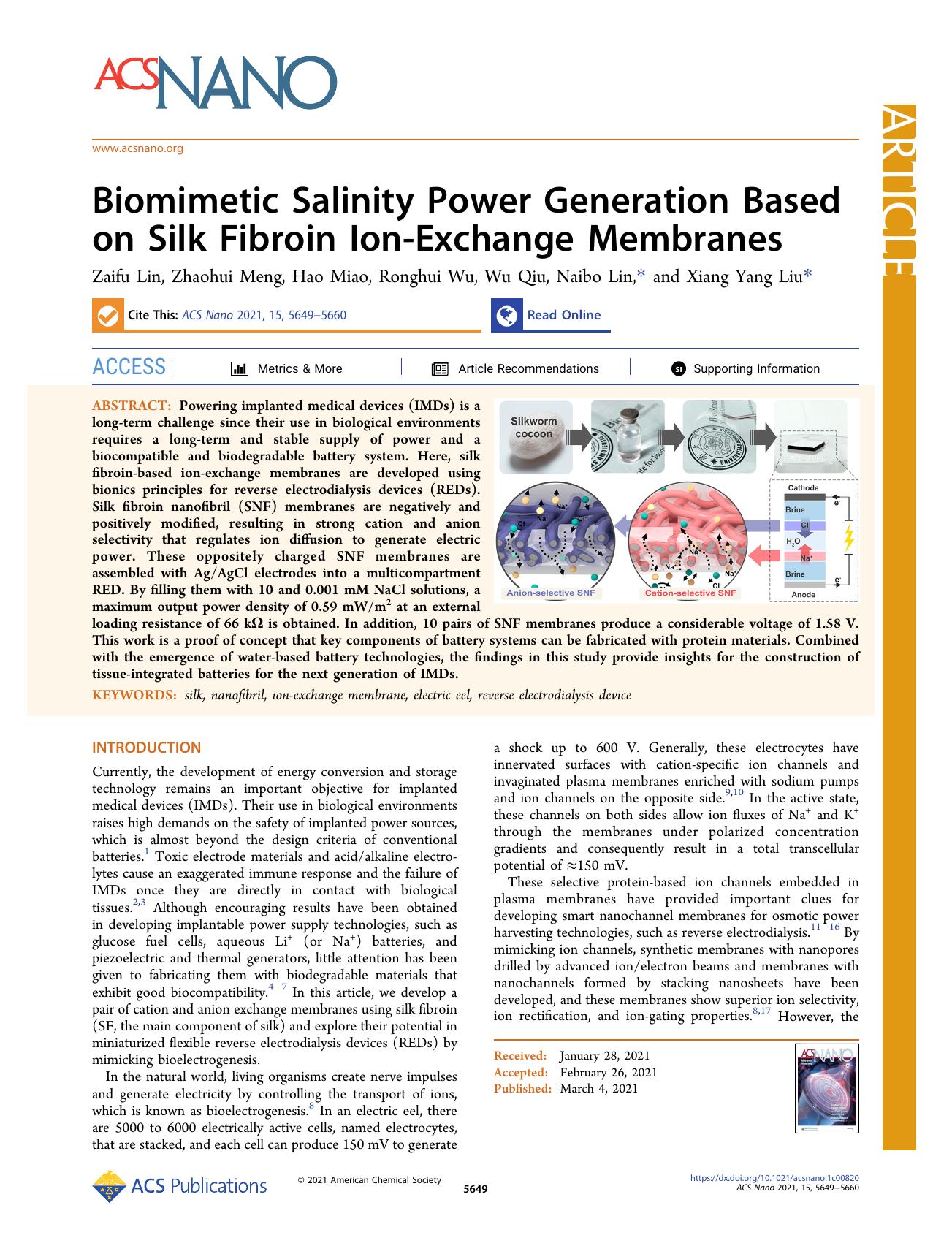 Biomimetic Salinity Power Generation Based on Silk Fibroin Ion-Exchange Membranes by Zaifu Lin Zhaohui Meng Hao Miao Ronghui Wu Wu Qiu Naibo Lin and Xiang Yang Liu