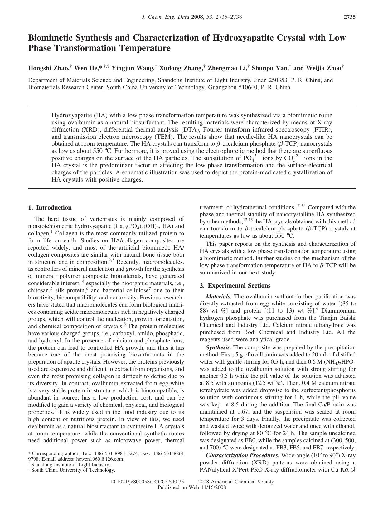 Biomimetic Synthesis and Characterization of Hydroxyapatite Crystal with Low Phase Transformation Temperature by unknow