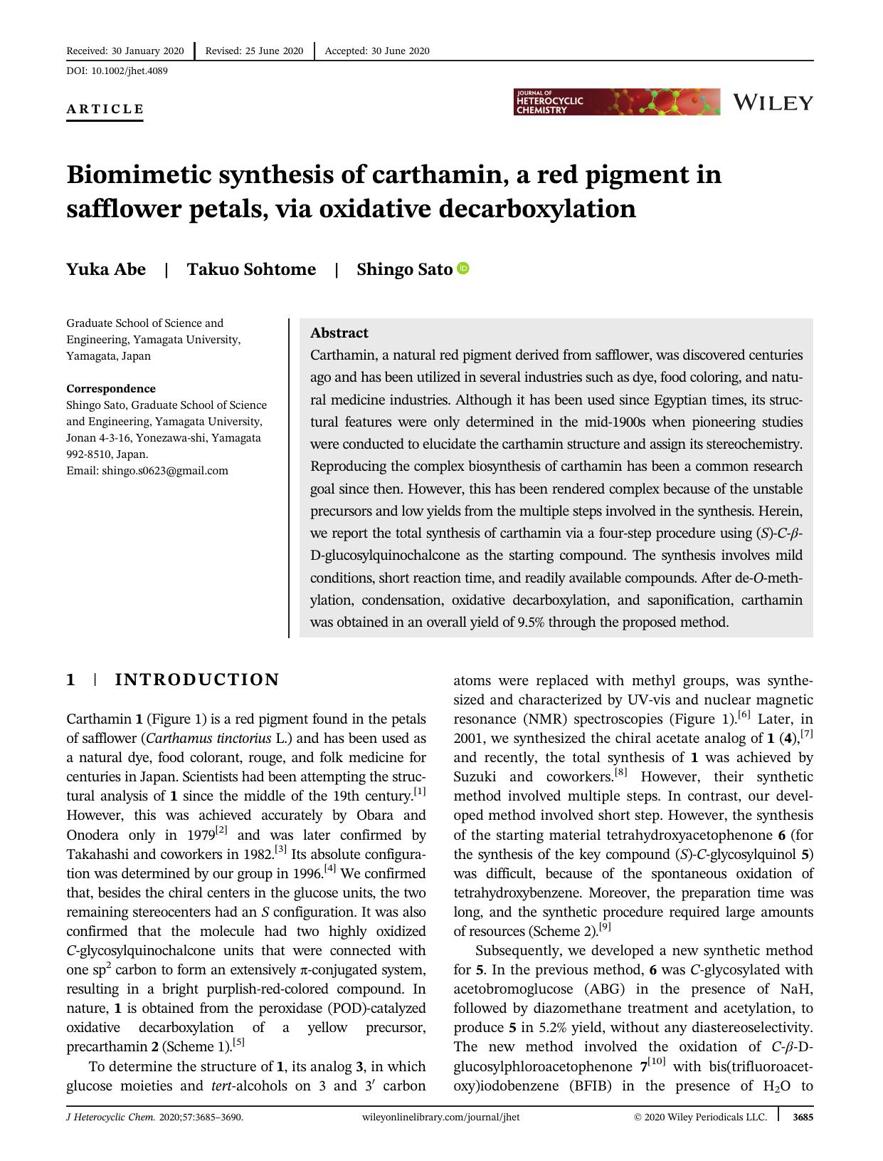 Biomimetic synthesis of carthamin, a red pigment in safflower petals, via oxidative decarboxylation by Unknown
